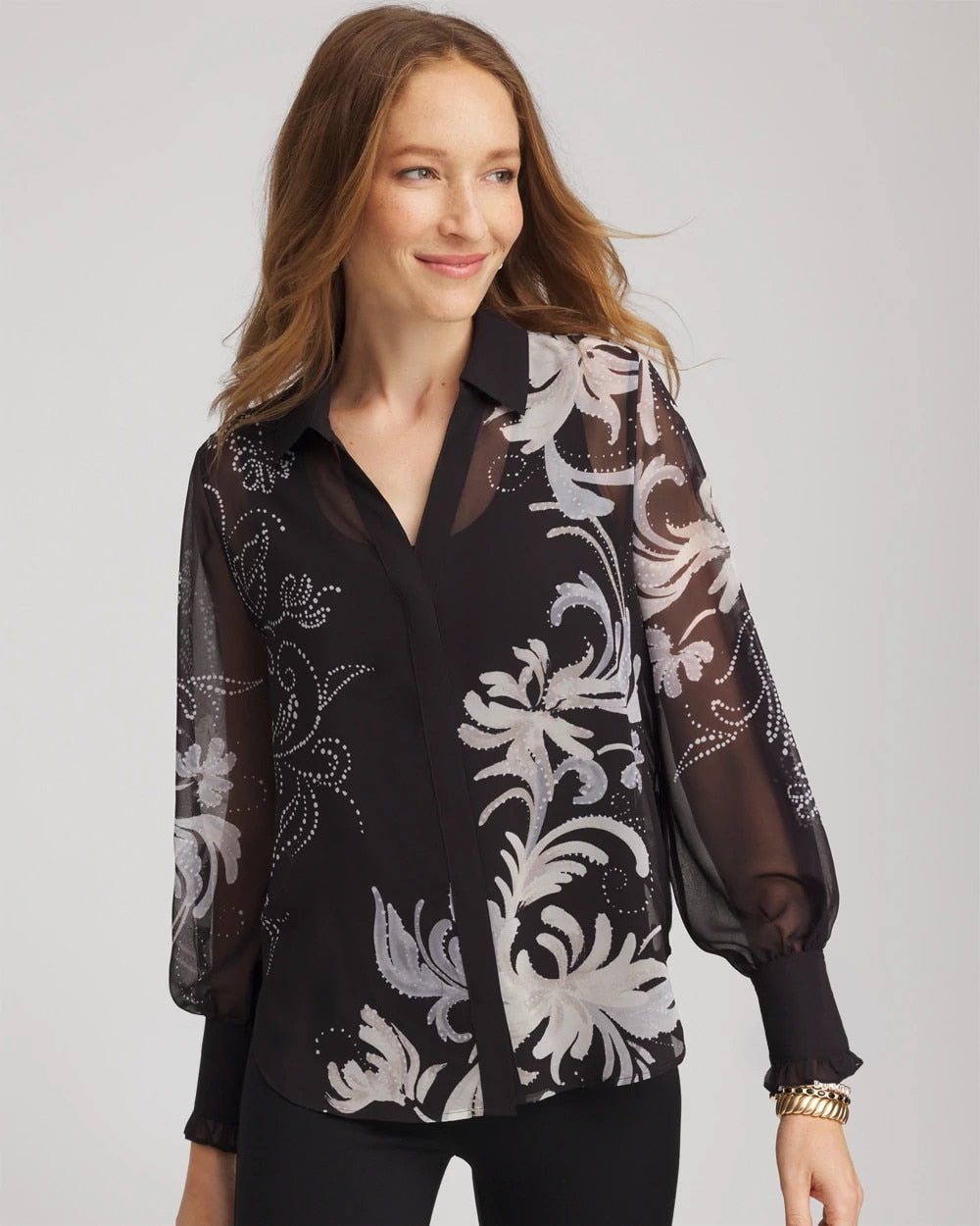 Chico's Discount Black Georgette Flow Print Blouse