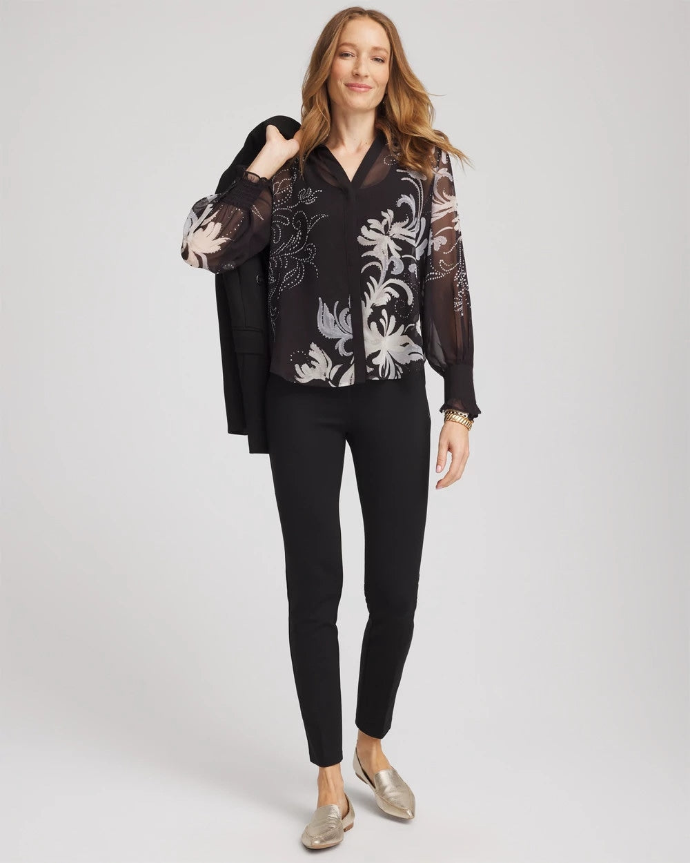 Chico's Discount Black Georgette Flow Print Blouse