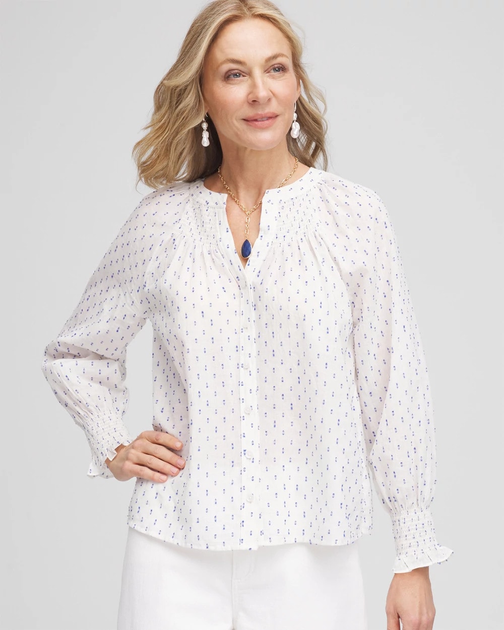Chico's Outlet Blue Casa Smocked Split-neck Blouse