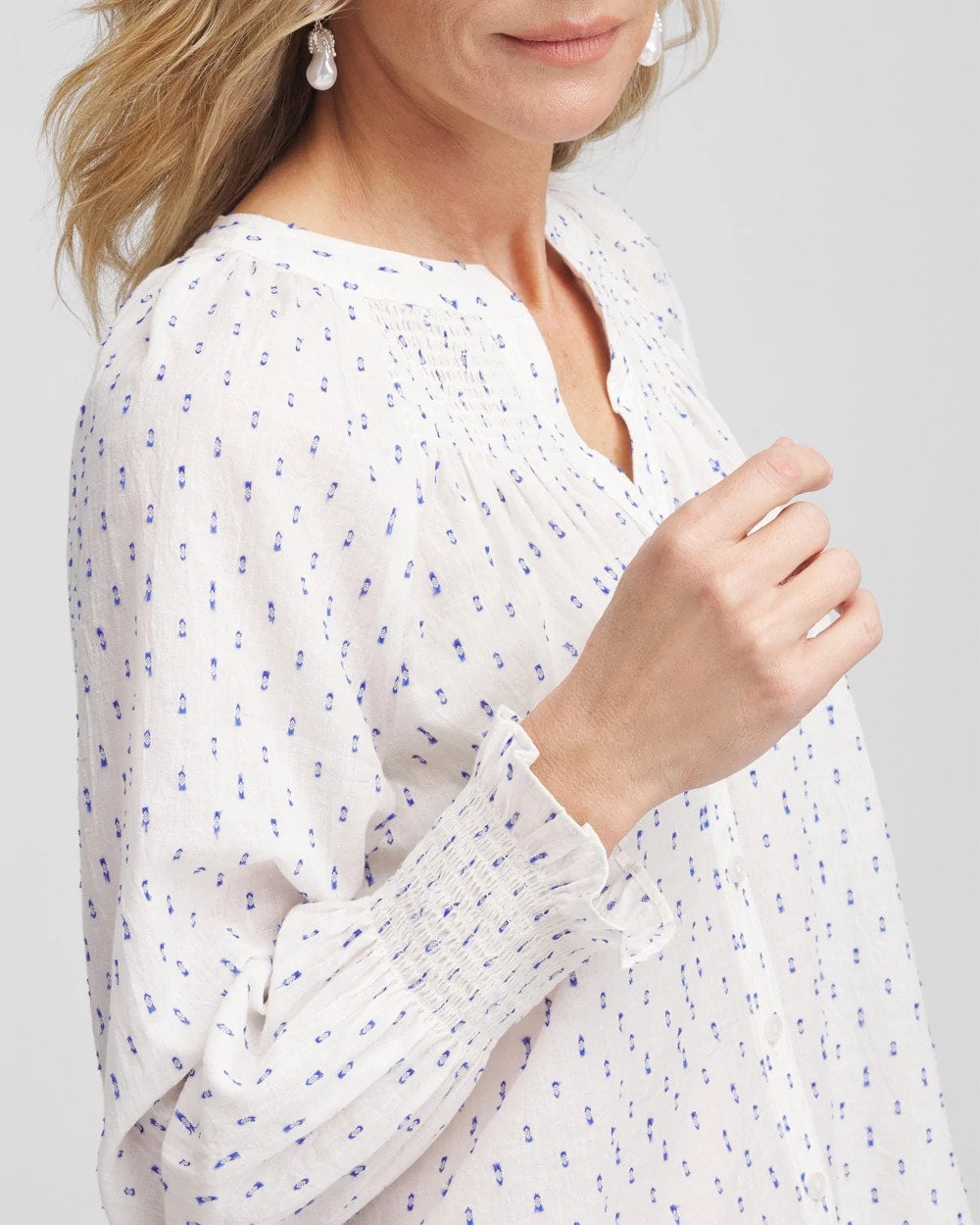 Chico's Outlet Blue Casa Smocked Split-neck Blouse