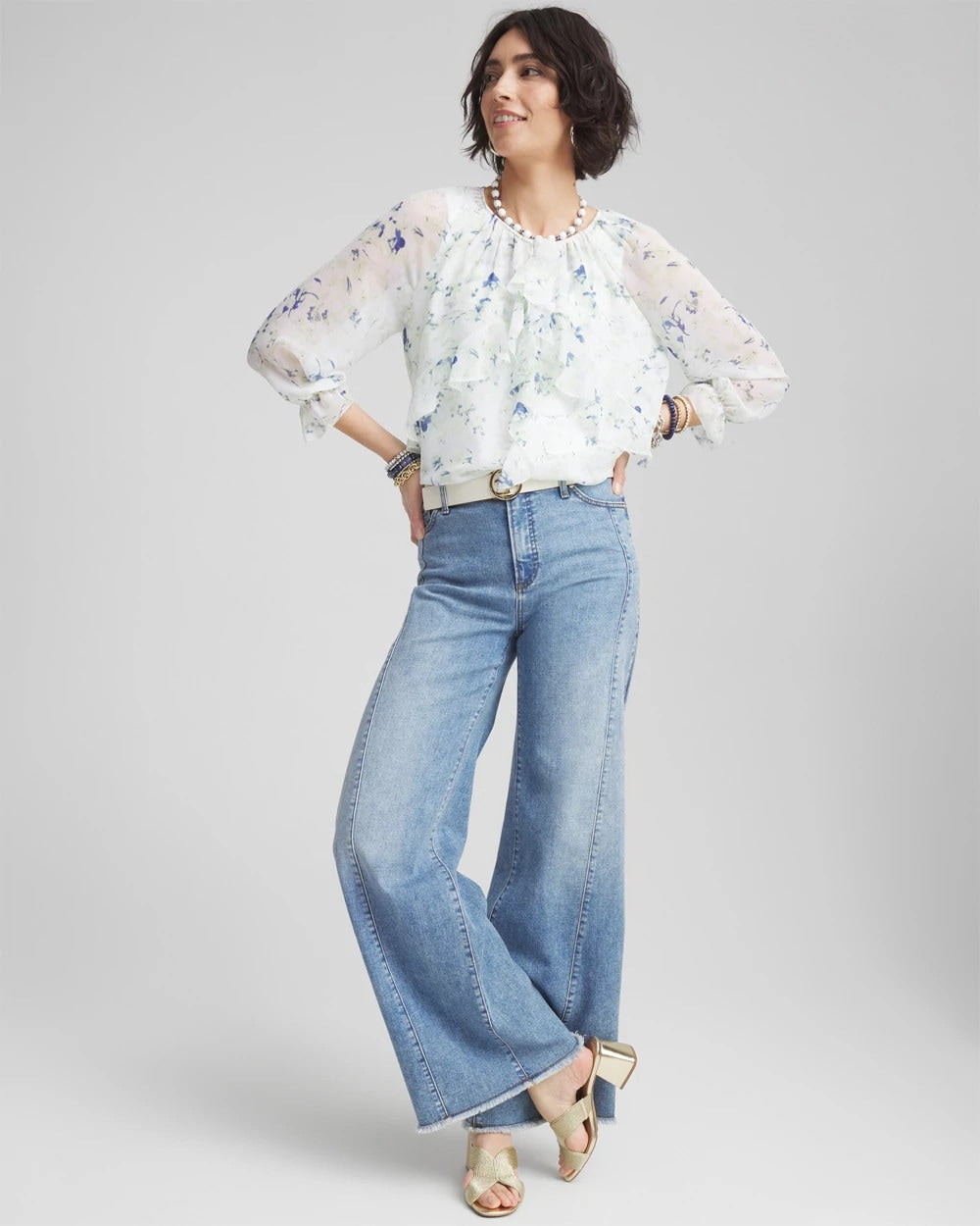 Chico's On Sale Blue Pearl Georgette Sheer Ruffle Blouse