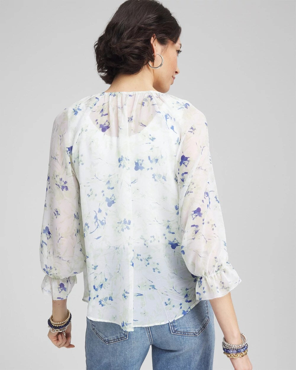Chico's On Sale Blue Pearl Georgette Sheer Ruffle Blouse