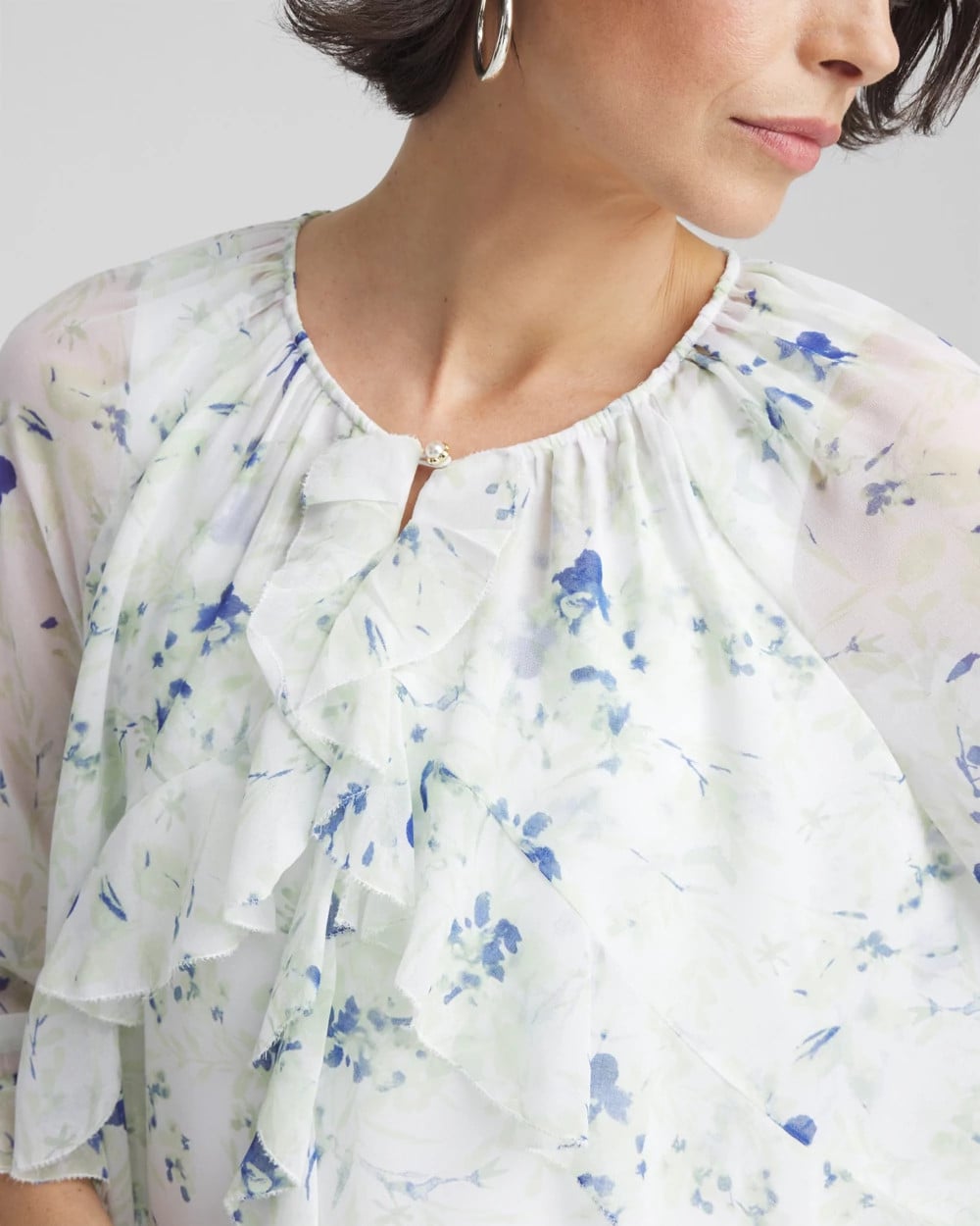 Chico's On Sale Blue Pearl Georgette Sheer Ruffle Blouse