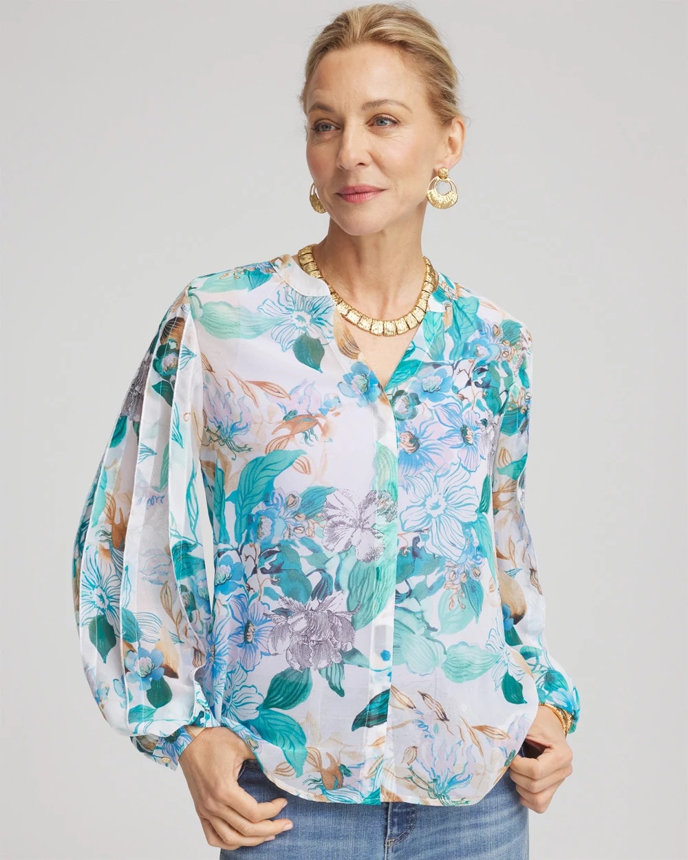 Chico's Discount Paradiso Blue Georgette Billow Sleeved Blouse