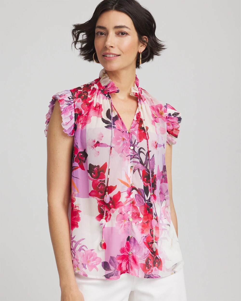 Chico's Sale Plum Shade Floral Ruffle Collar Blouse