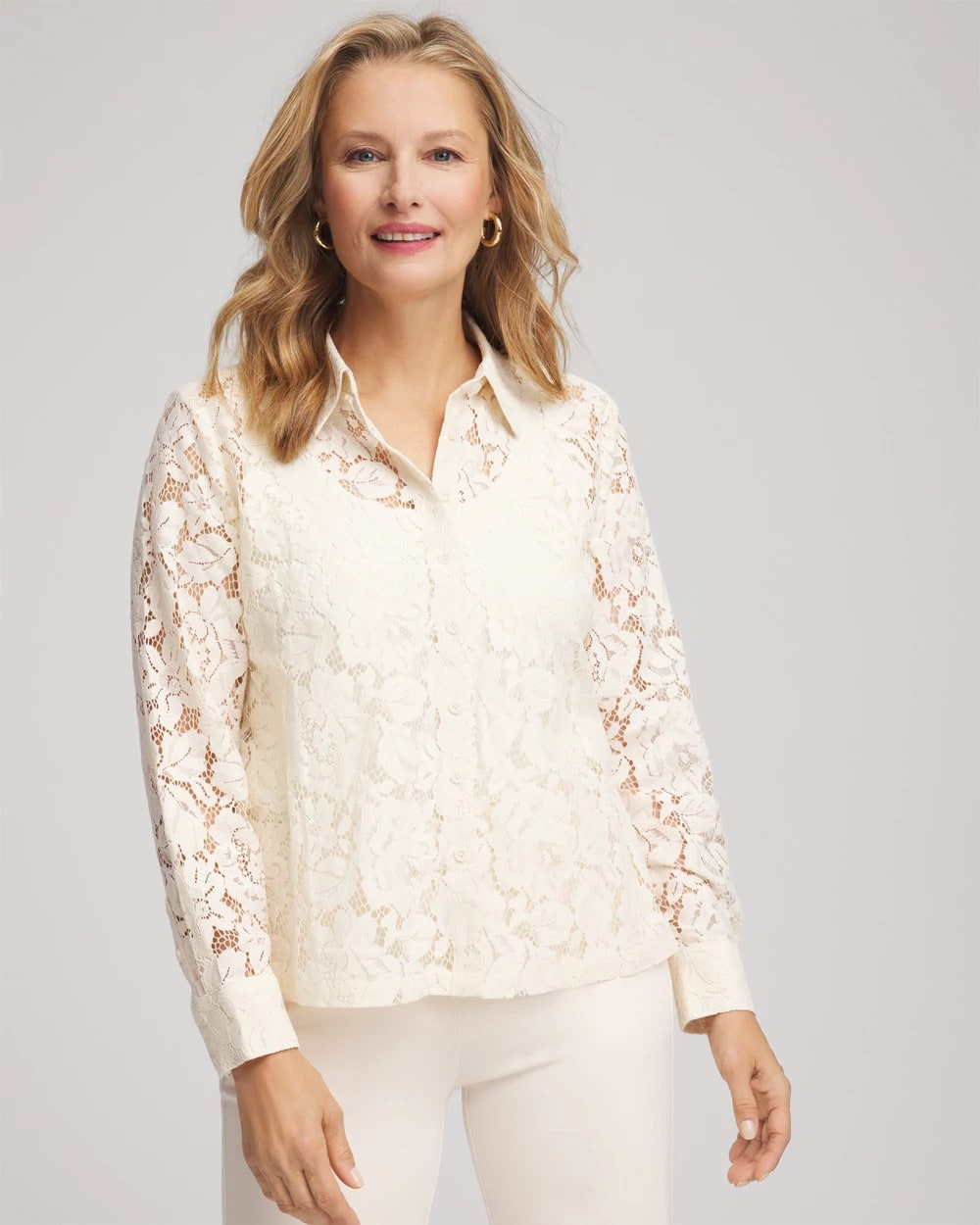 Chico's On Sale English Cream Classic-Fit Collared Lace Shirt