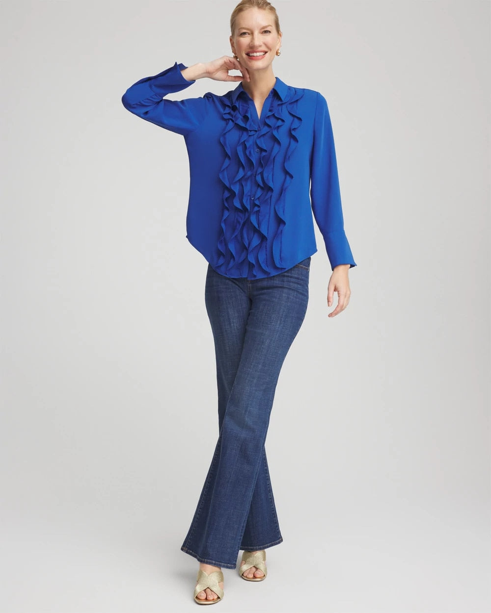 Chico's For Sale Cobalt Stone Ruffle-Trim Chiffon Blouse