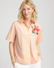 Chico's Discount Sunset Peach No Iron™ Embroidered Floral Short-Sleeve Shirt