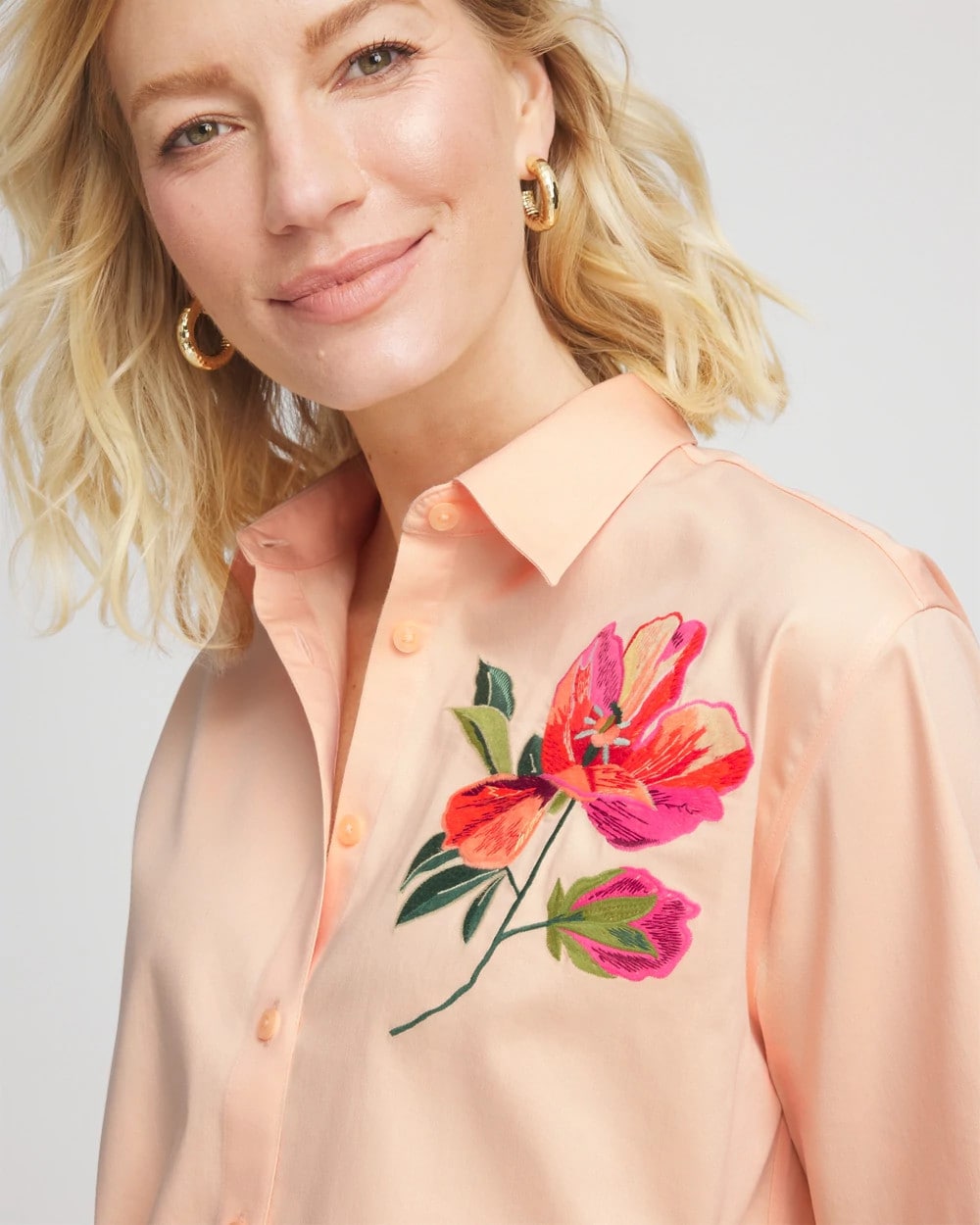 Chico's Discount Sunset Peach No Iron™ Embroidered Floral Short-Sleeve Shirt