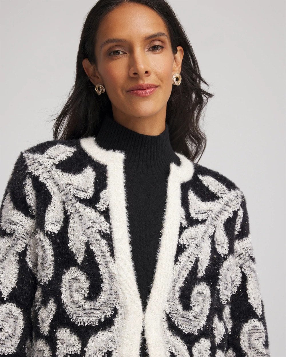 Chico's Outlet Black Abstract Fuzzy Cardigan