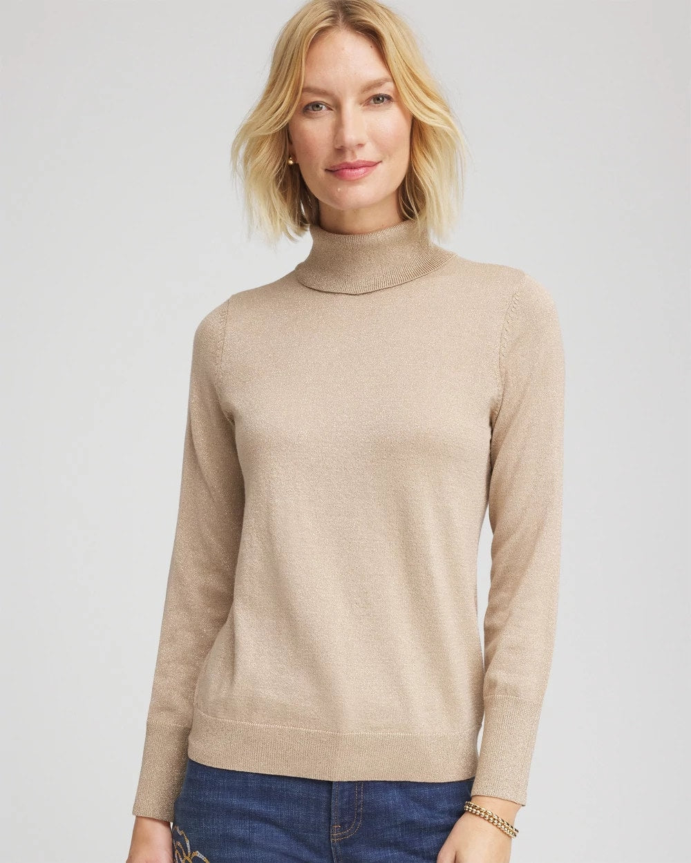 Chico's On Sale Champagne Fizz Metallic Turtleneck Pullover Sweater