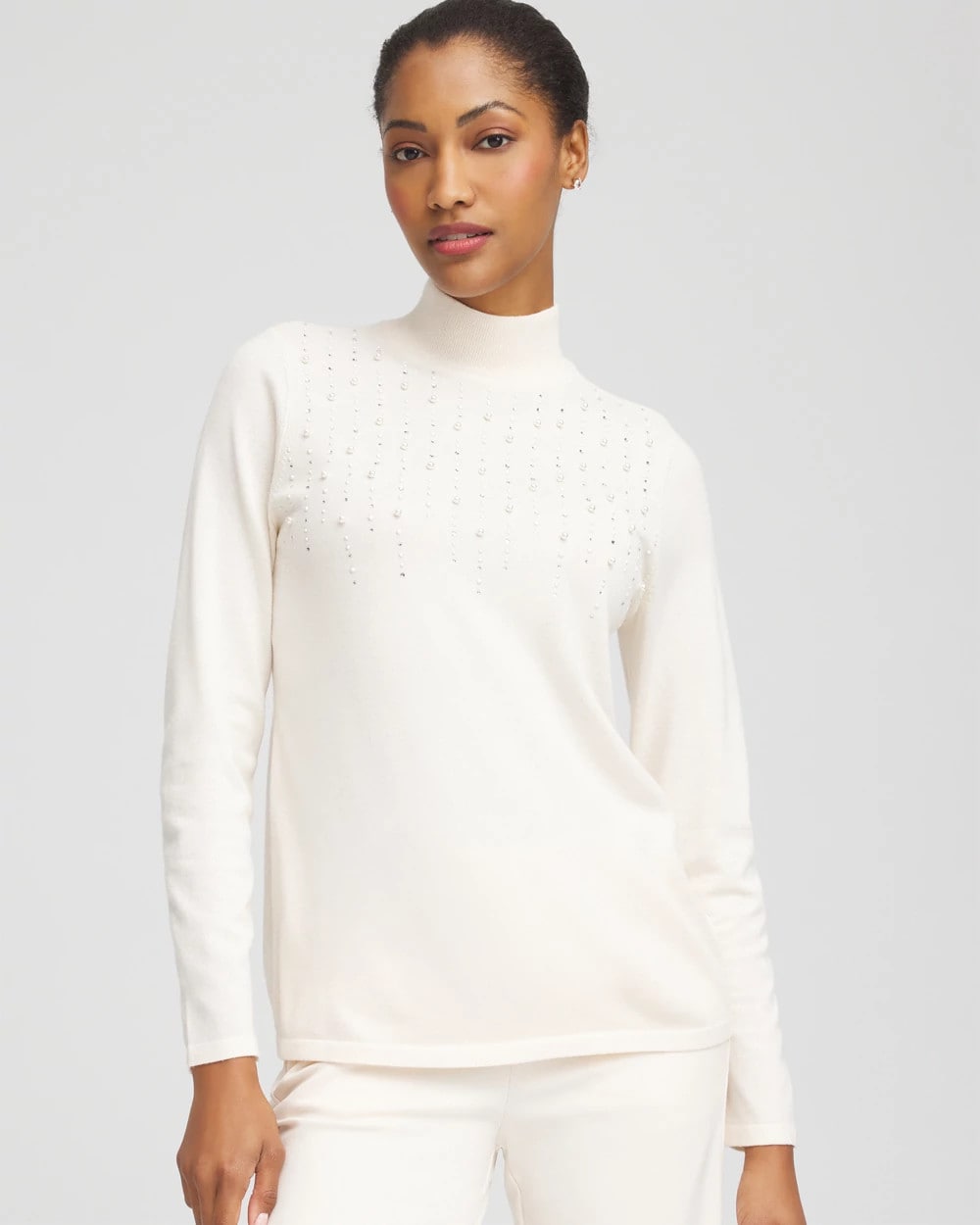 Chico's Online English Cream Ella Embellished Mockneck Sweater
