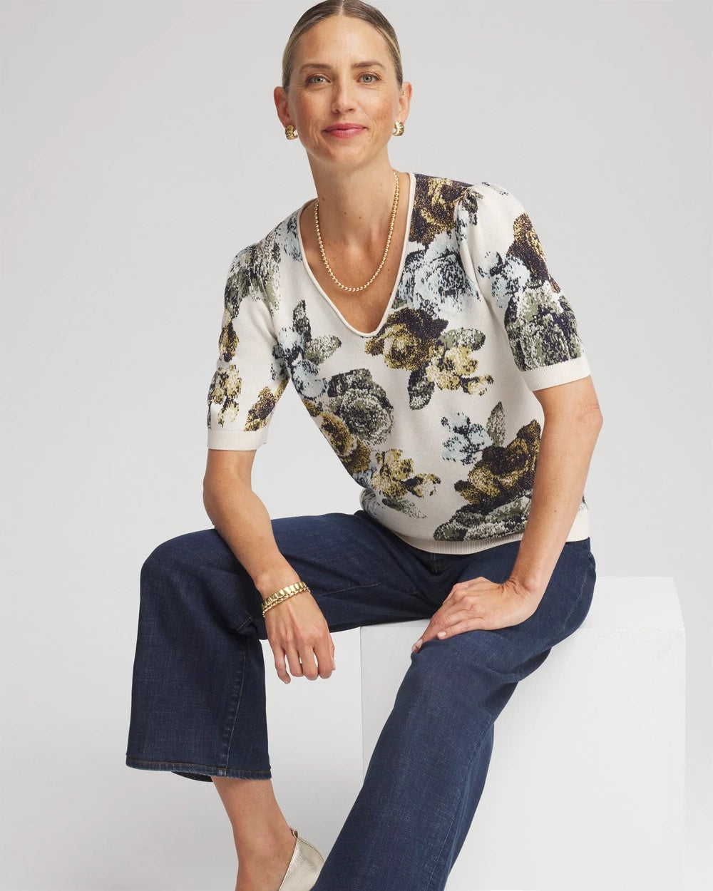 Chico's Outlet English Cream Floral V-Neck Sweater Tee