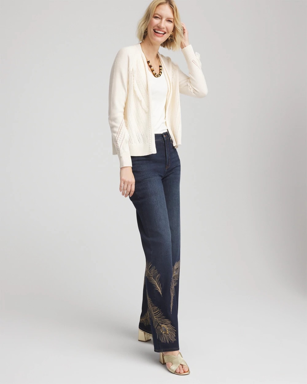 Chico's Online English Cream Cable Knit Fringed Sweater