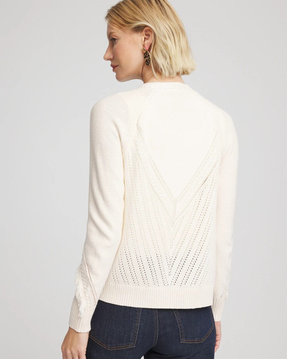 Chico's Online English Cream Cable Knit Fringed Sweater