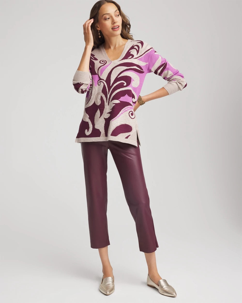 Chico's Discount Gooseberry Intarsia Knit V-Neck Pullover Sweater