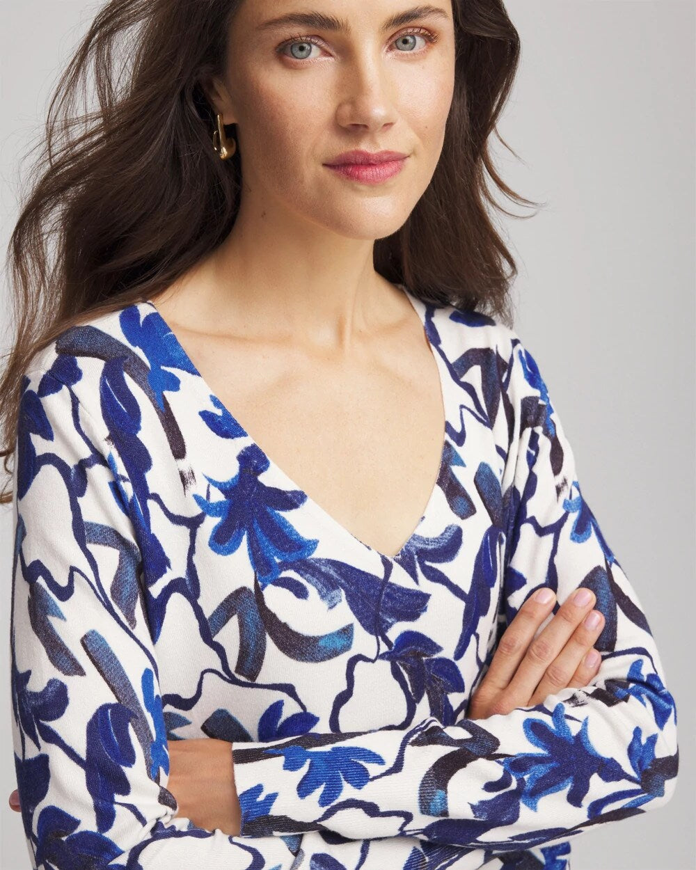 Chico's Outlet Ecru Ella V-Neck Blue-Petals Pullover Sweater