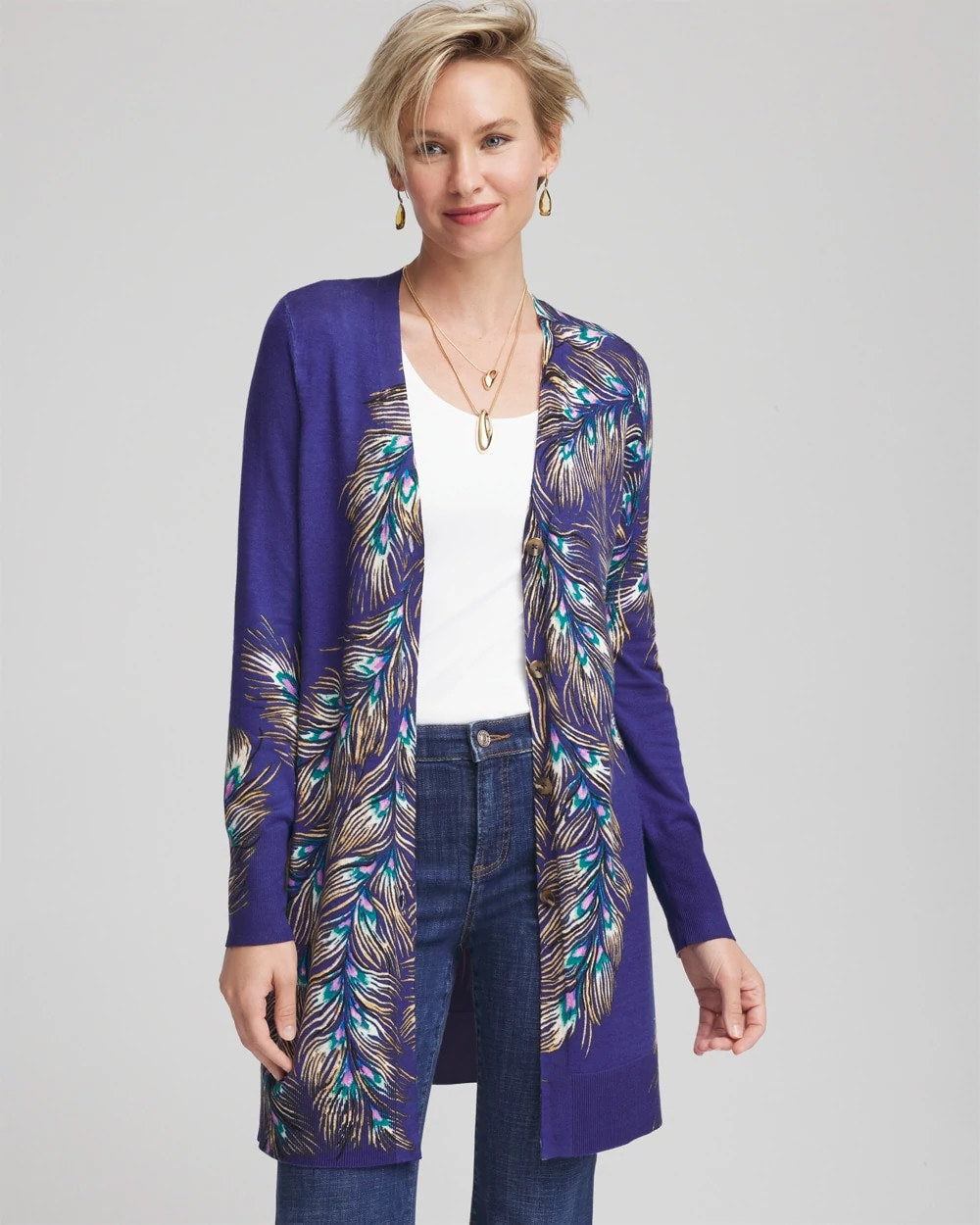 Chico's On Sale Dark Cobalt Ella Peacock-Print Cardigan Sweater