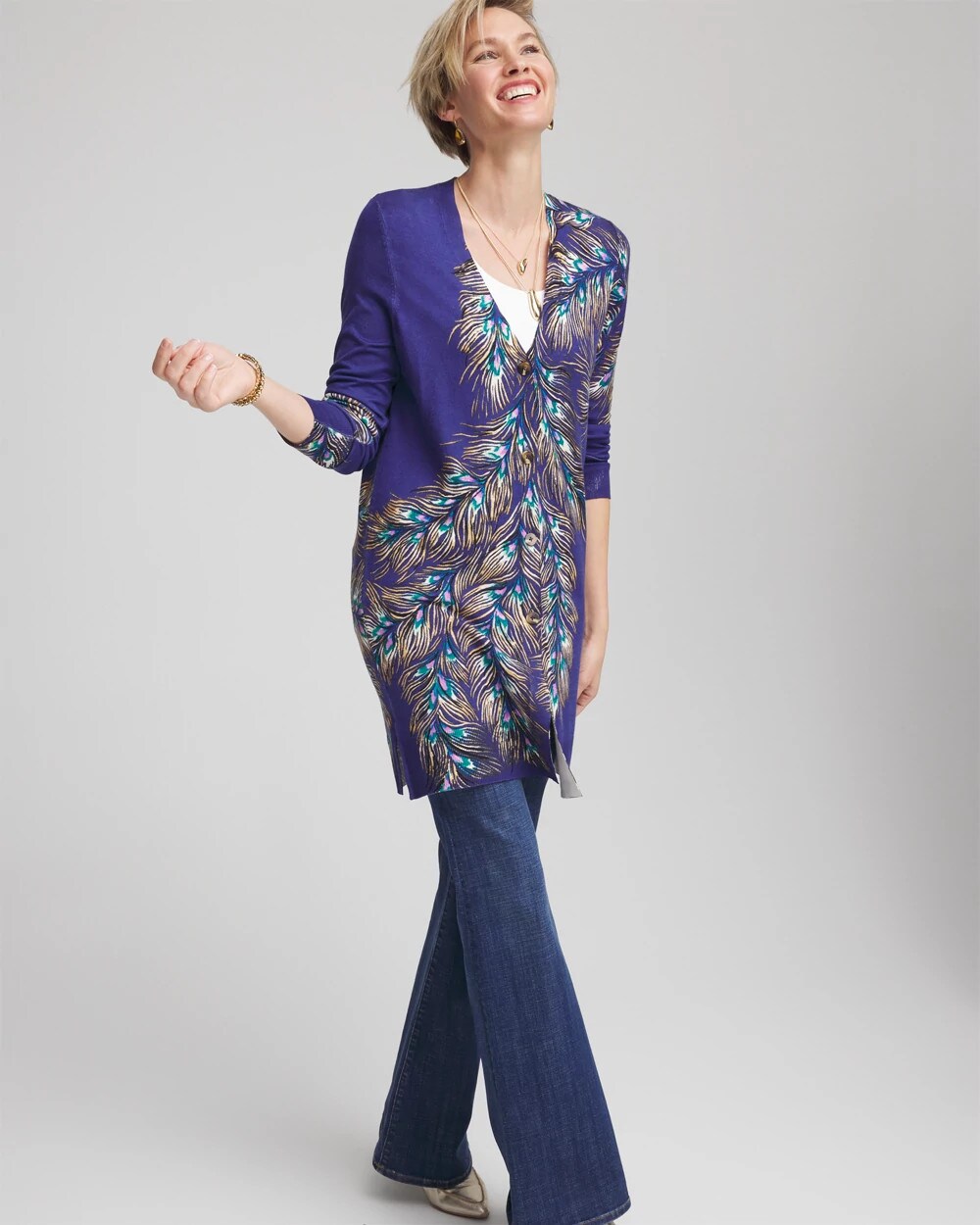 Chico's On Sale Dark Cobalt Ella Peacock-Print Cardigan Sweater