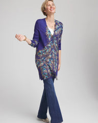 Chico's On Sale Dark Cobalt Ella Peacock-Print Cardigan Sweater
