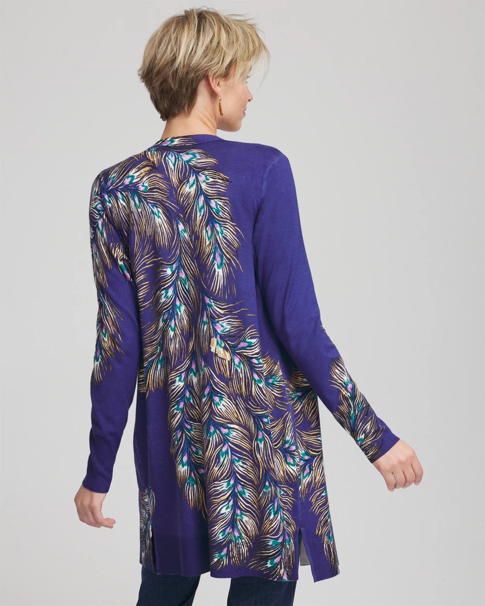 Chico's On Sale Dark Cobalt Ella Peacock-Print Cardigan Sweater