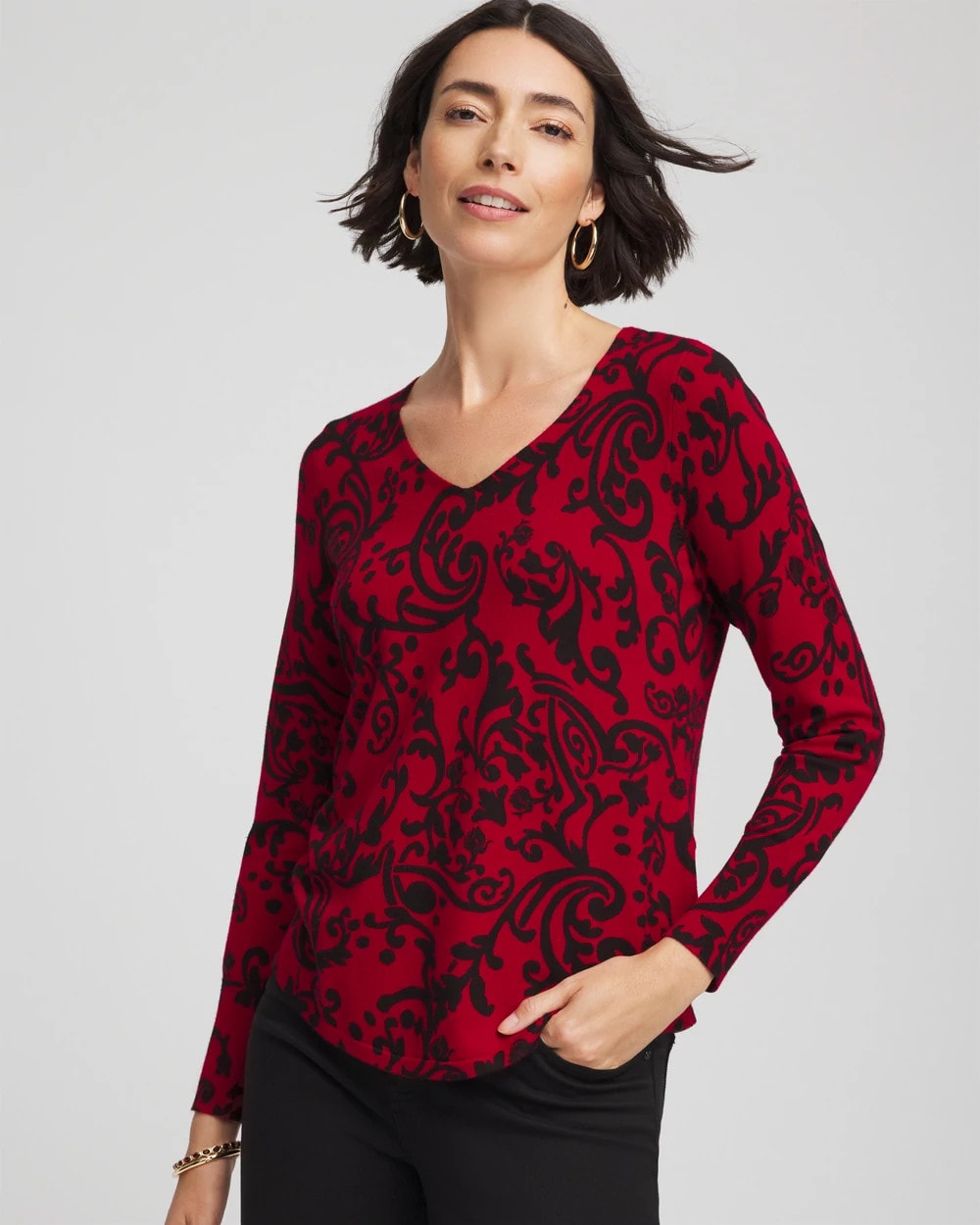 Chico's Discount Carmine Red Ella Printed V-Neck Sweater