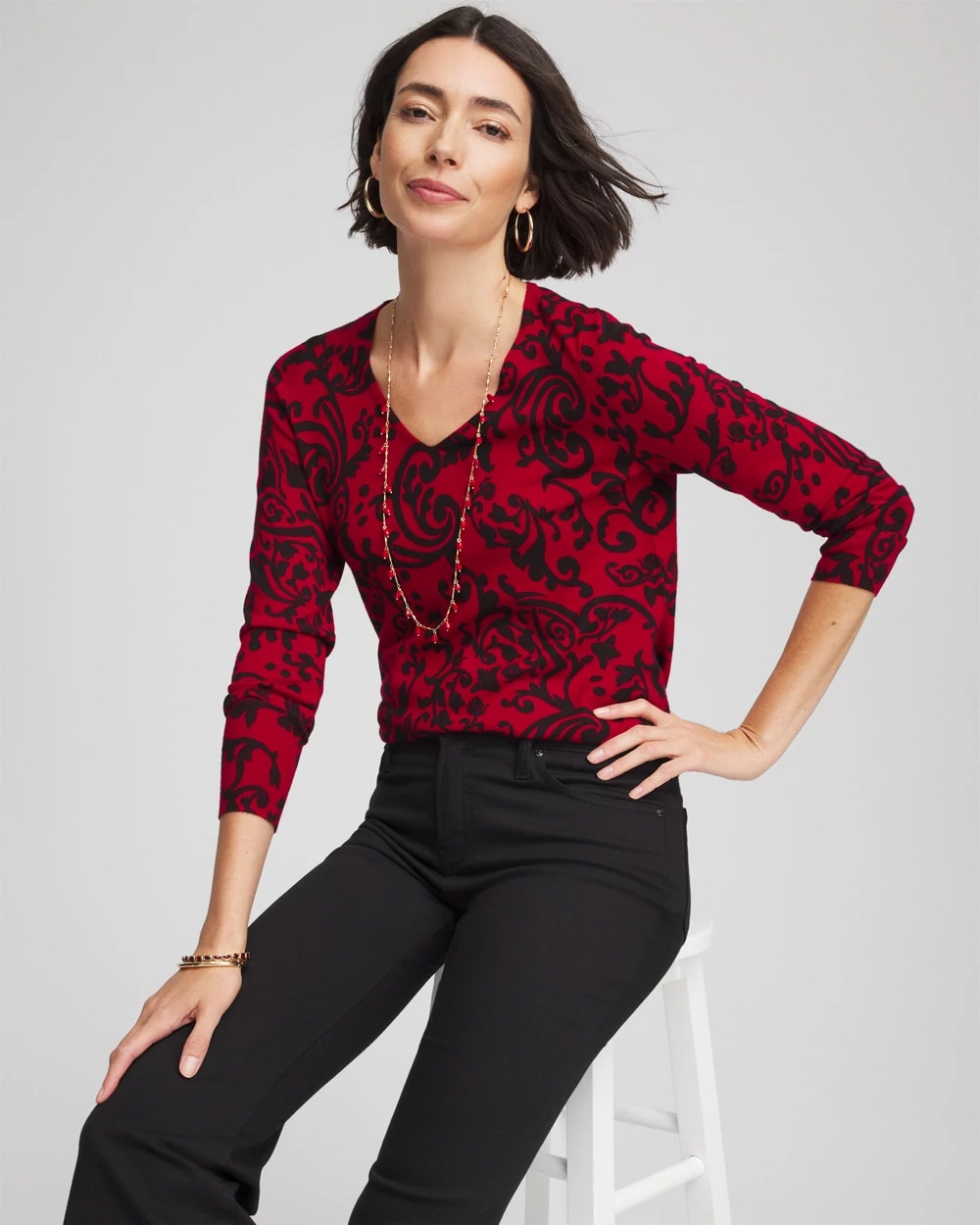 Chico's Discount Carmine Red Ella Printed V-Neck Sweater