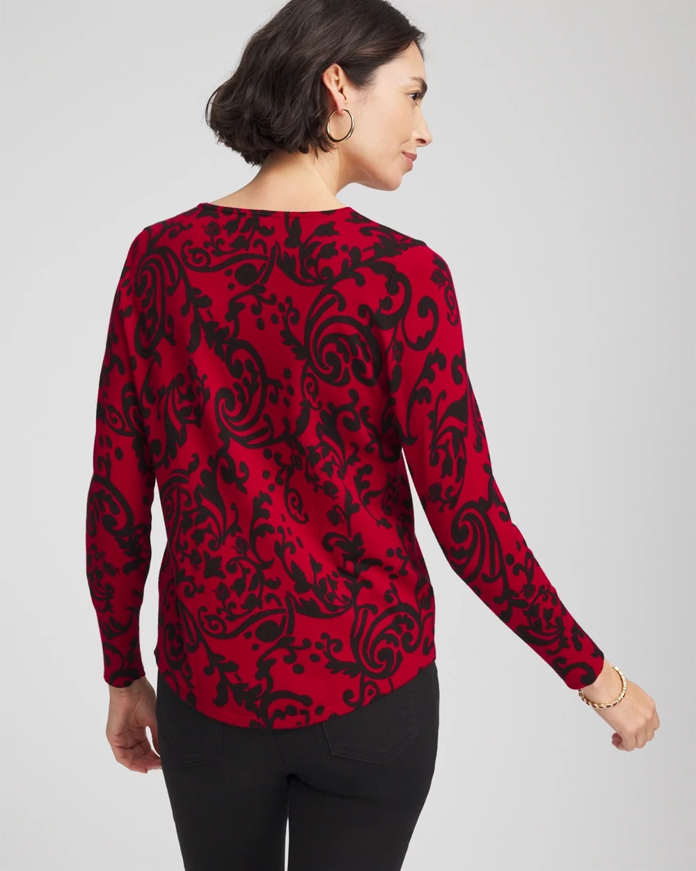 Chico's Discount Carmine Red Ella Printed V-Neck Sweater
