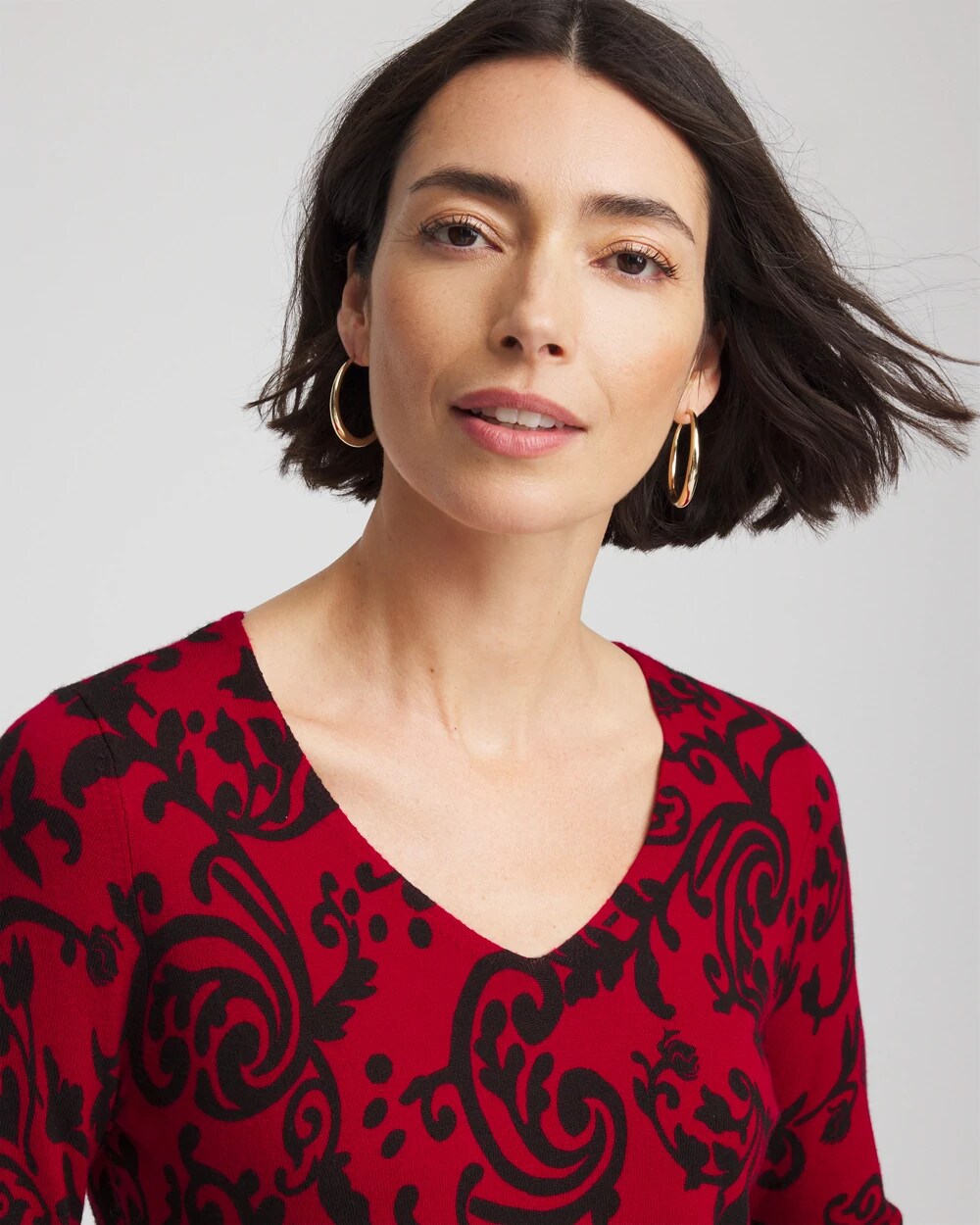 Chico's Discount Carmine Red Ella Printed V-Neck Sweater