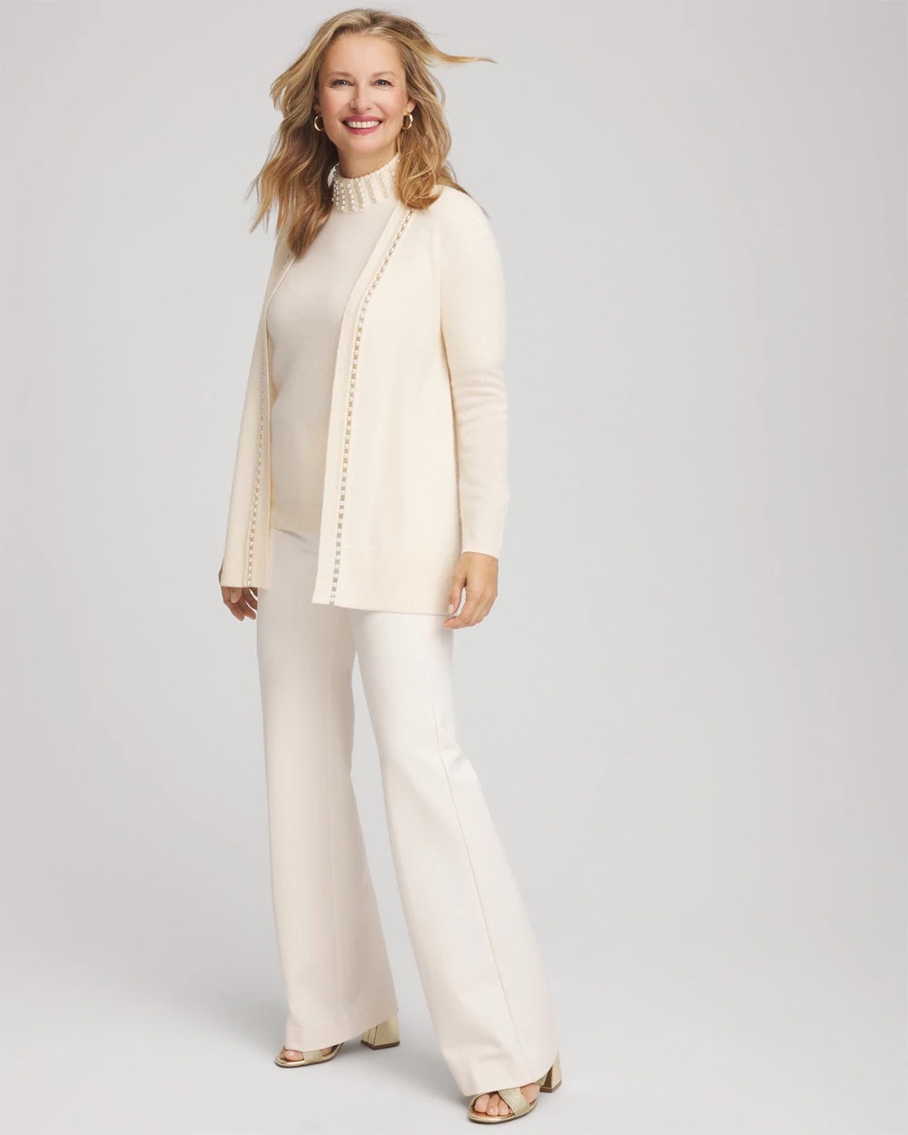 Chico's Sale Cream Cashmere Pearl-Trim Cardigan