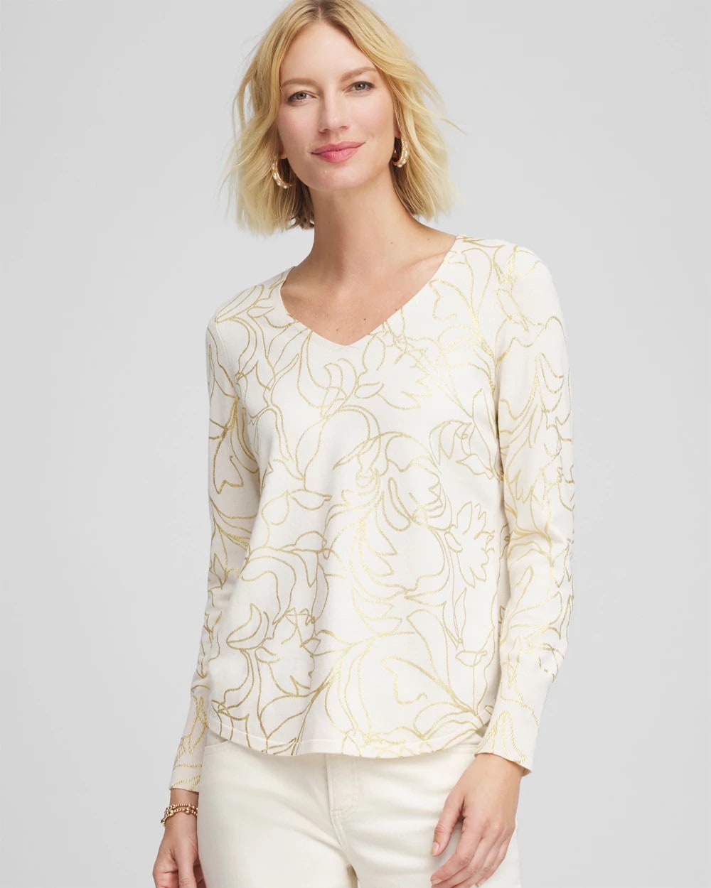 Chico's Outlet English Cream Ella Foiled V-Neck Sweater