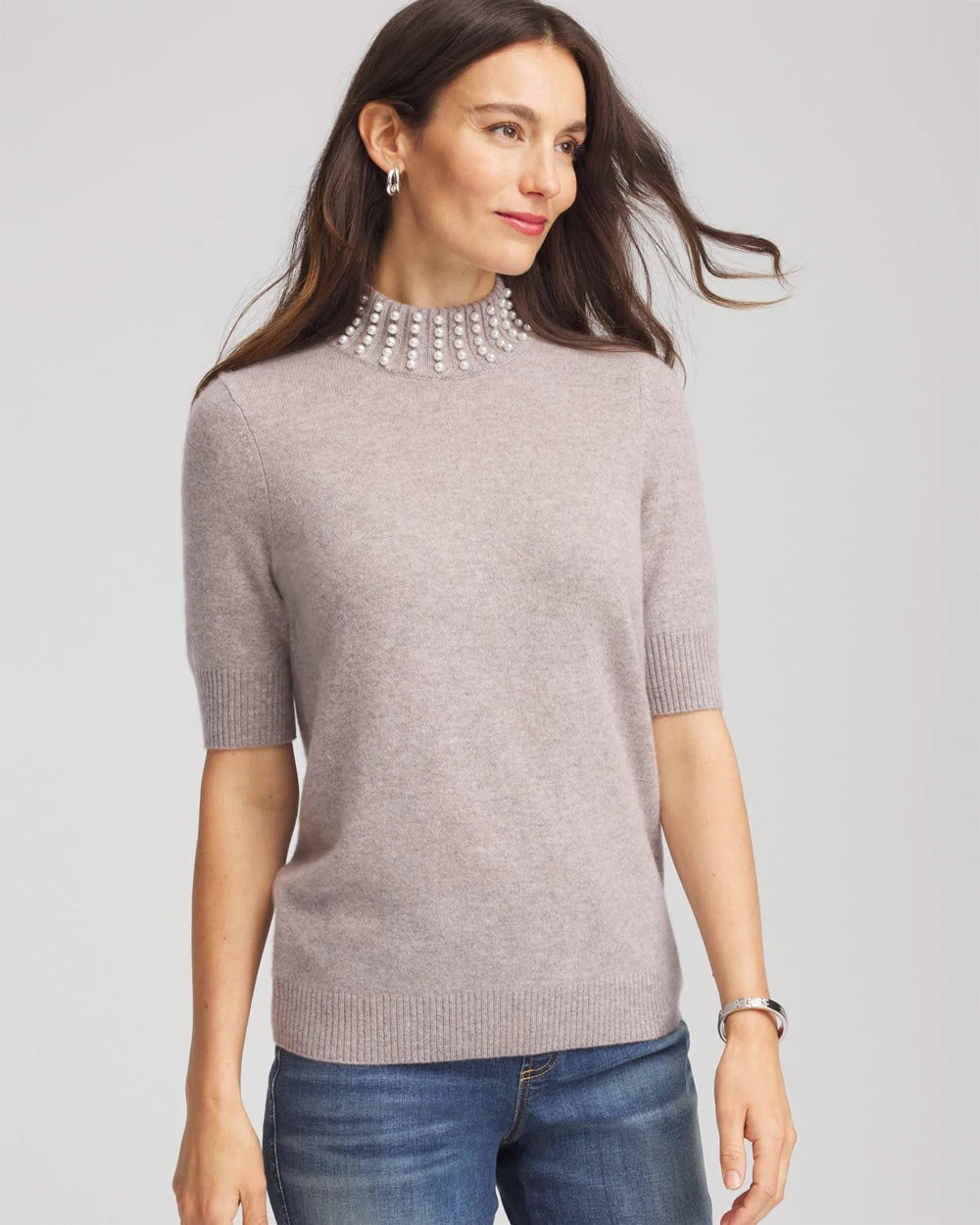Chico's On Sale Taupe Heather Cashmere Pearl Mockneck Sweater