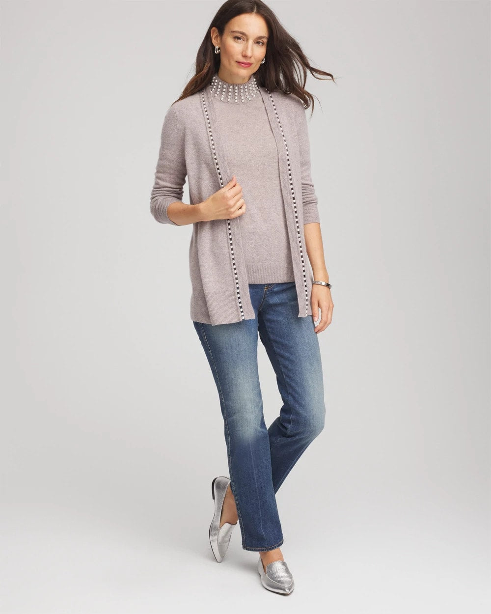 Chico's On Sale Taupe Heather Cashmere Pearl Mockneck Sweater