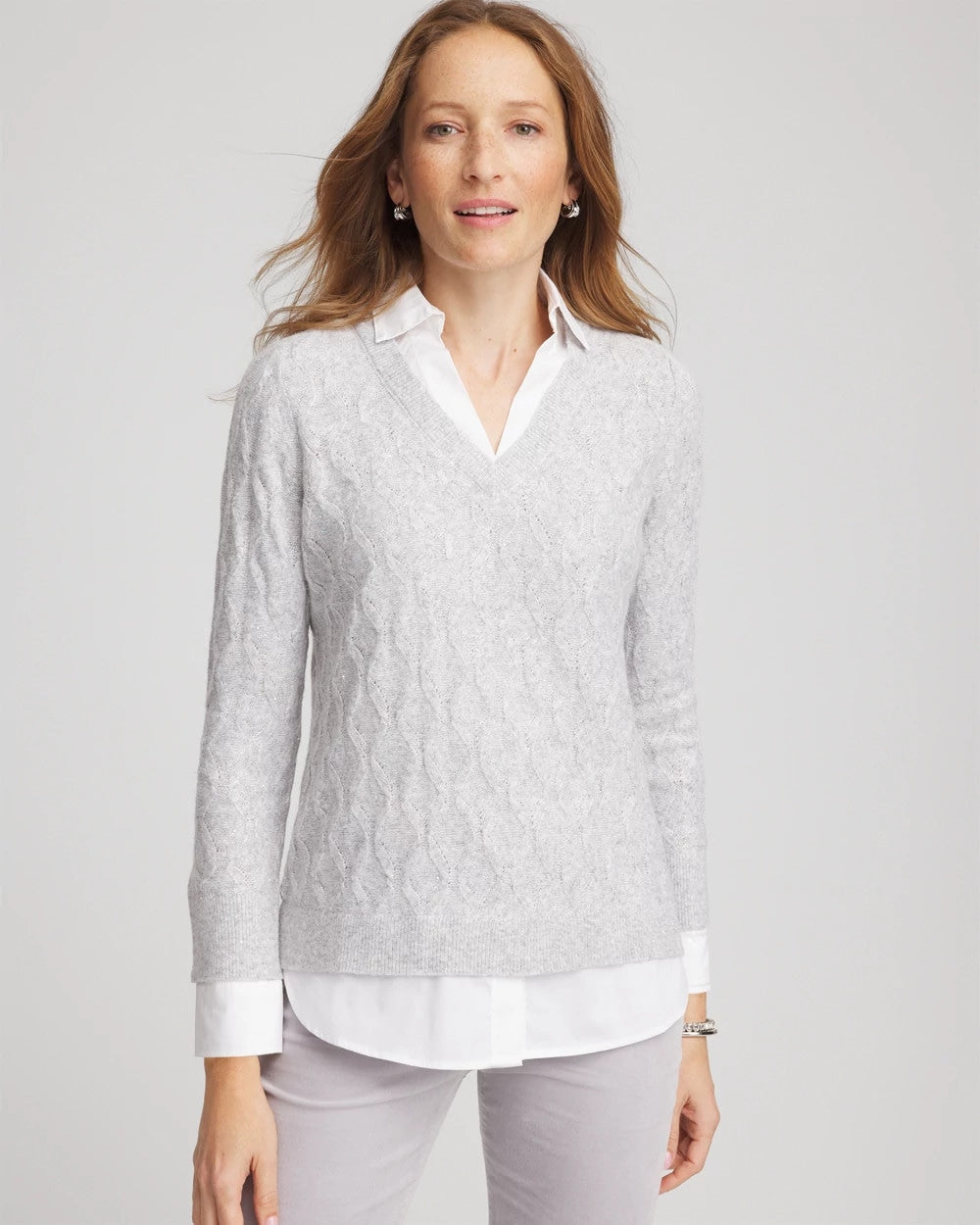 Chico's Online Classic Gray Classic Built-In Shirt Knit Sweater