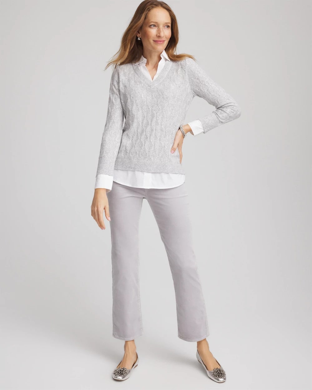 Chico's Online Classic Gray Classic Built-In Shirt Knit Sweater