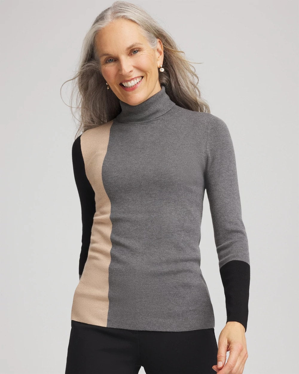 Chico's Discount Black Ella Colorblock Intarsia Turtleneck Sweater