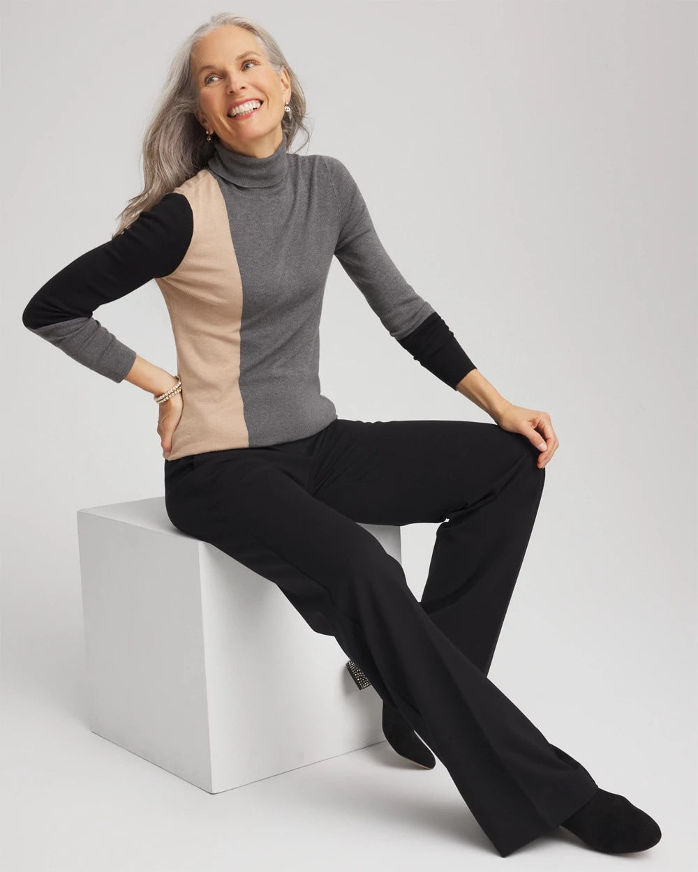 Chico's Discount Black Ella Colorblock Intarsia Turtleneck Sweater
