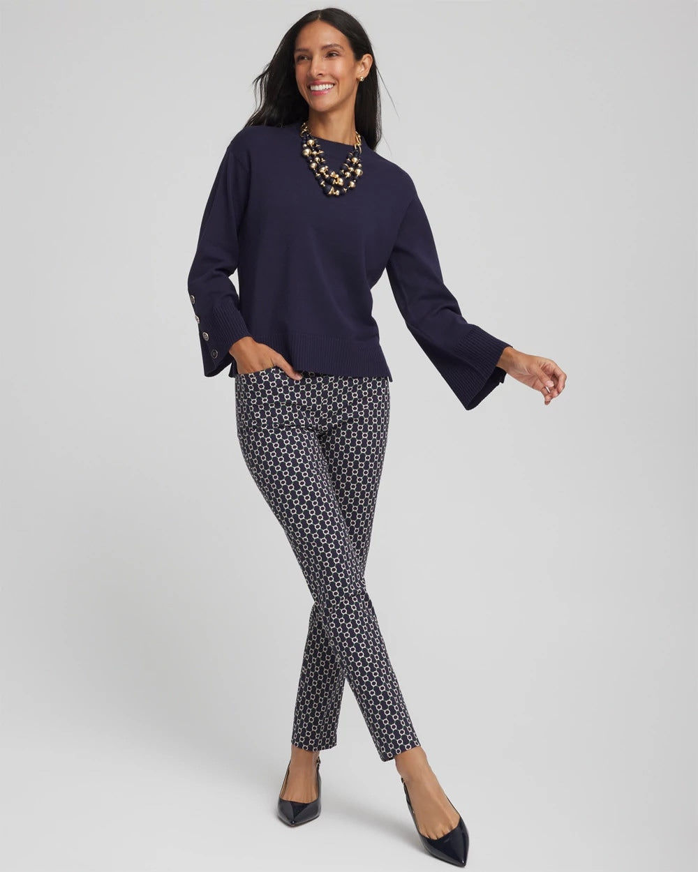 Chico's On Sale Passport Blue Button Sleeve Crewneck Pullover