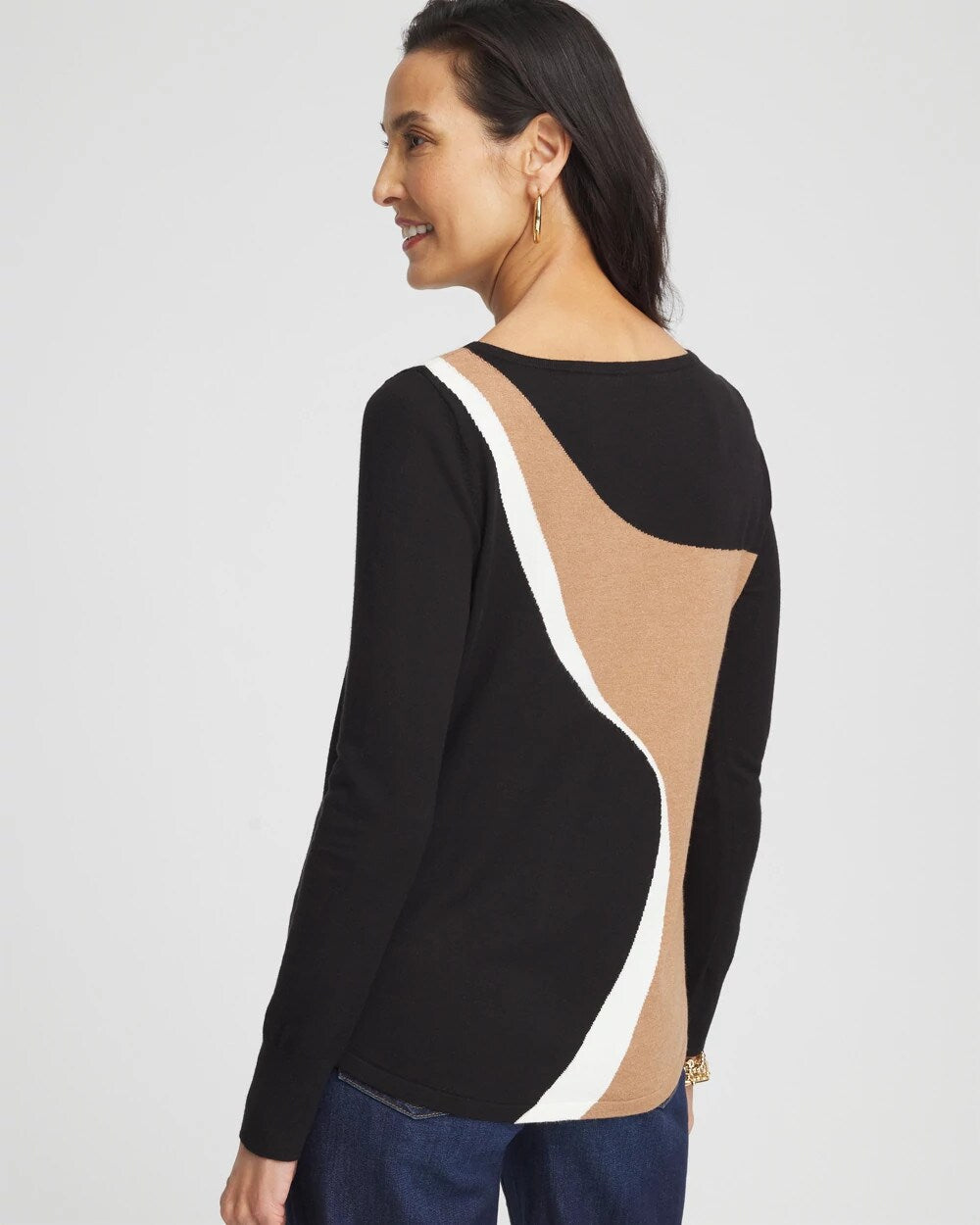 Chico's Sale Black Intarsia Colorblock Bateau Neck Sweater