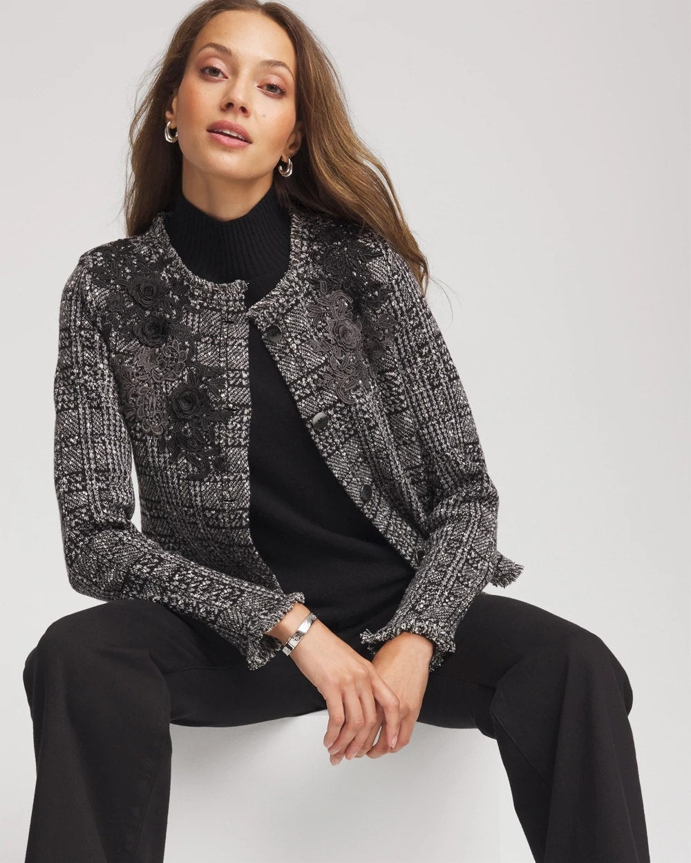 Chico's Outlet Gray Embroidered Metallic Tweed Cardigan