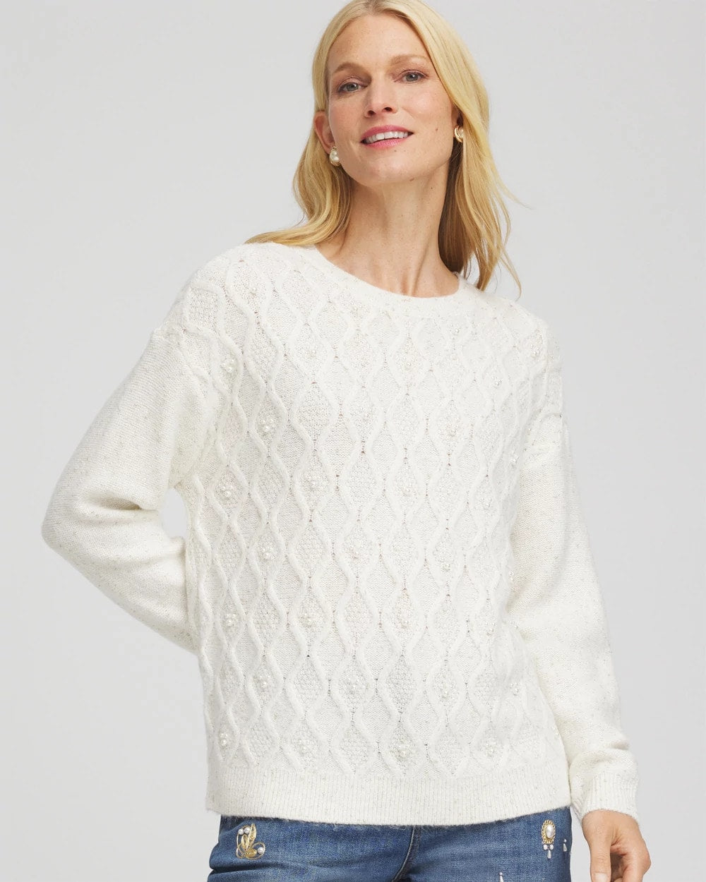 Chico's Online English Cream Embellished Cable Knit Sweater