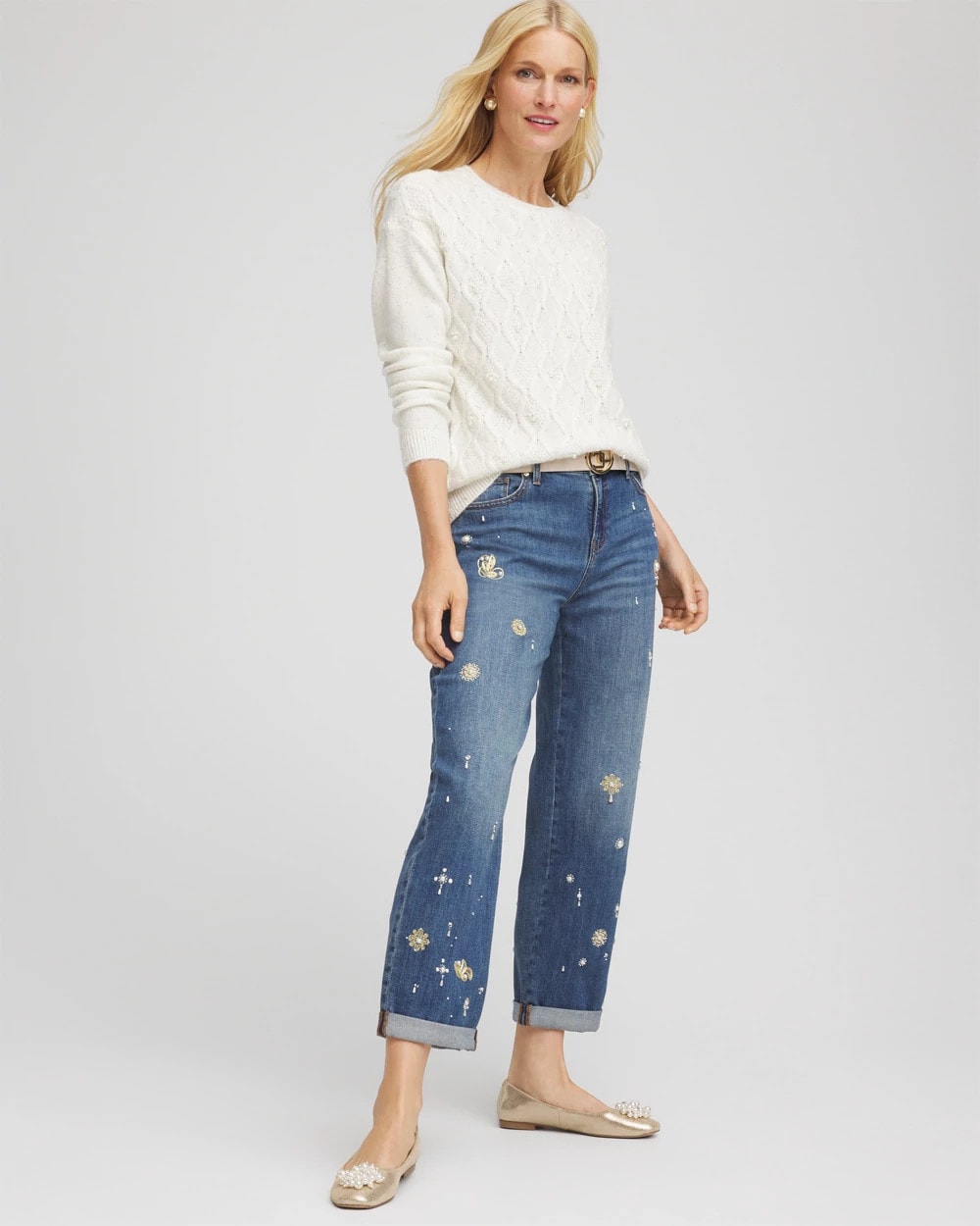 Chico's Online English Cream Embellished Cable Knit Sweater