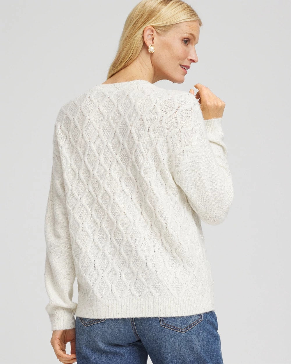 Chico's Online English Cream Embellished Cable Knit Sweater