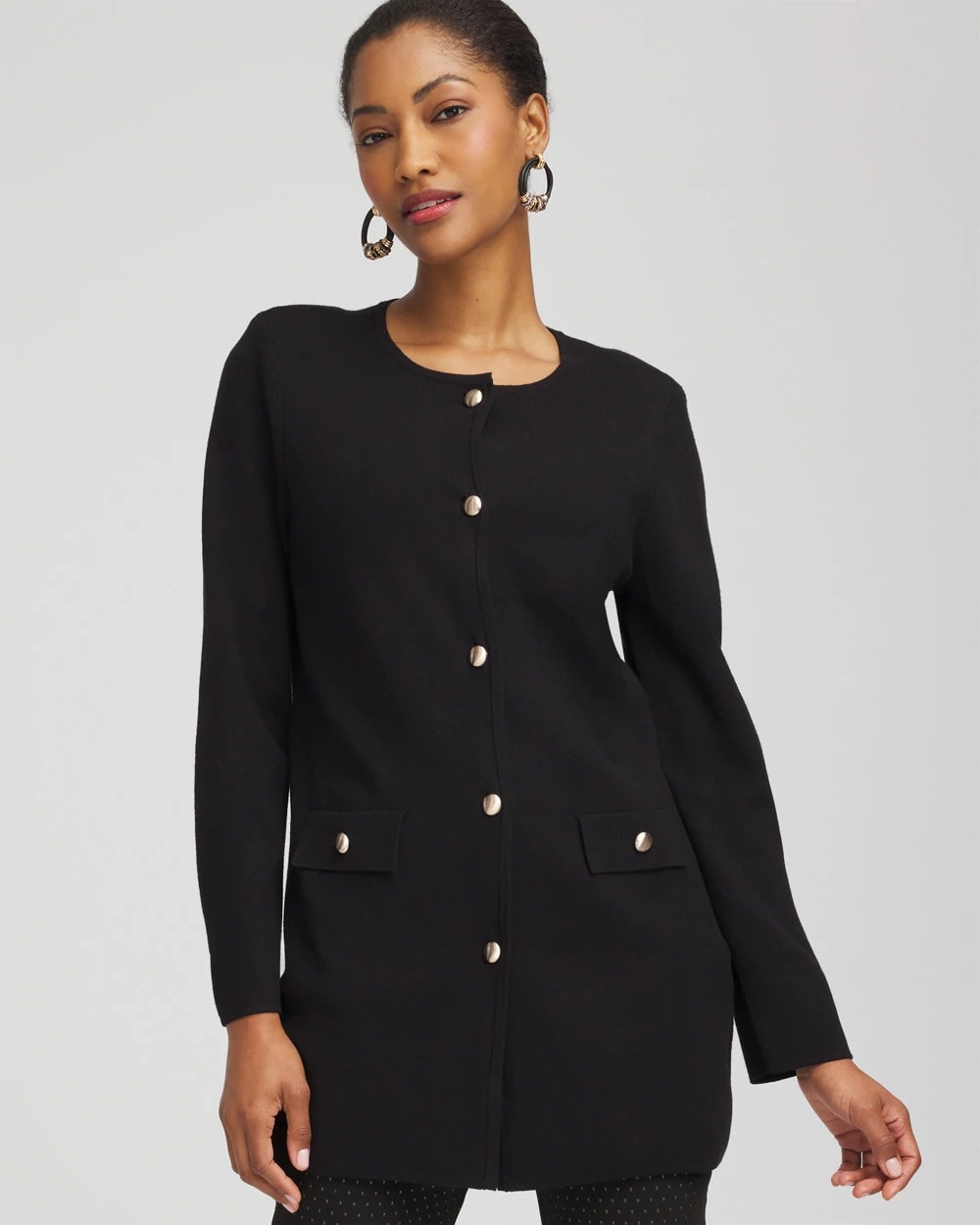 Chico's Discount Black Button-Down Crewneck Coatigan