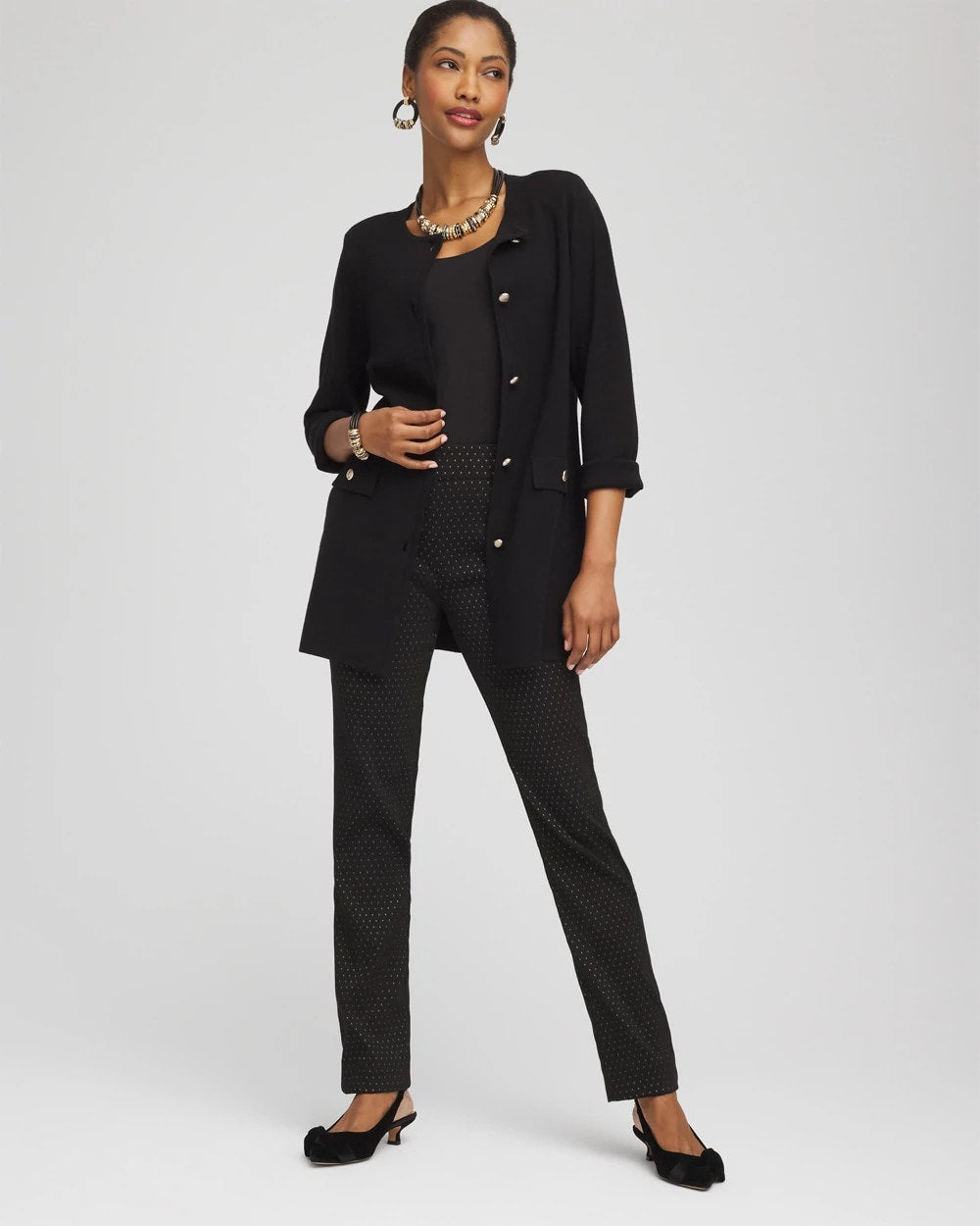 Chico's Discount Black Button-Down Crewneck Coatigan