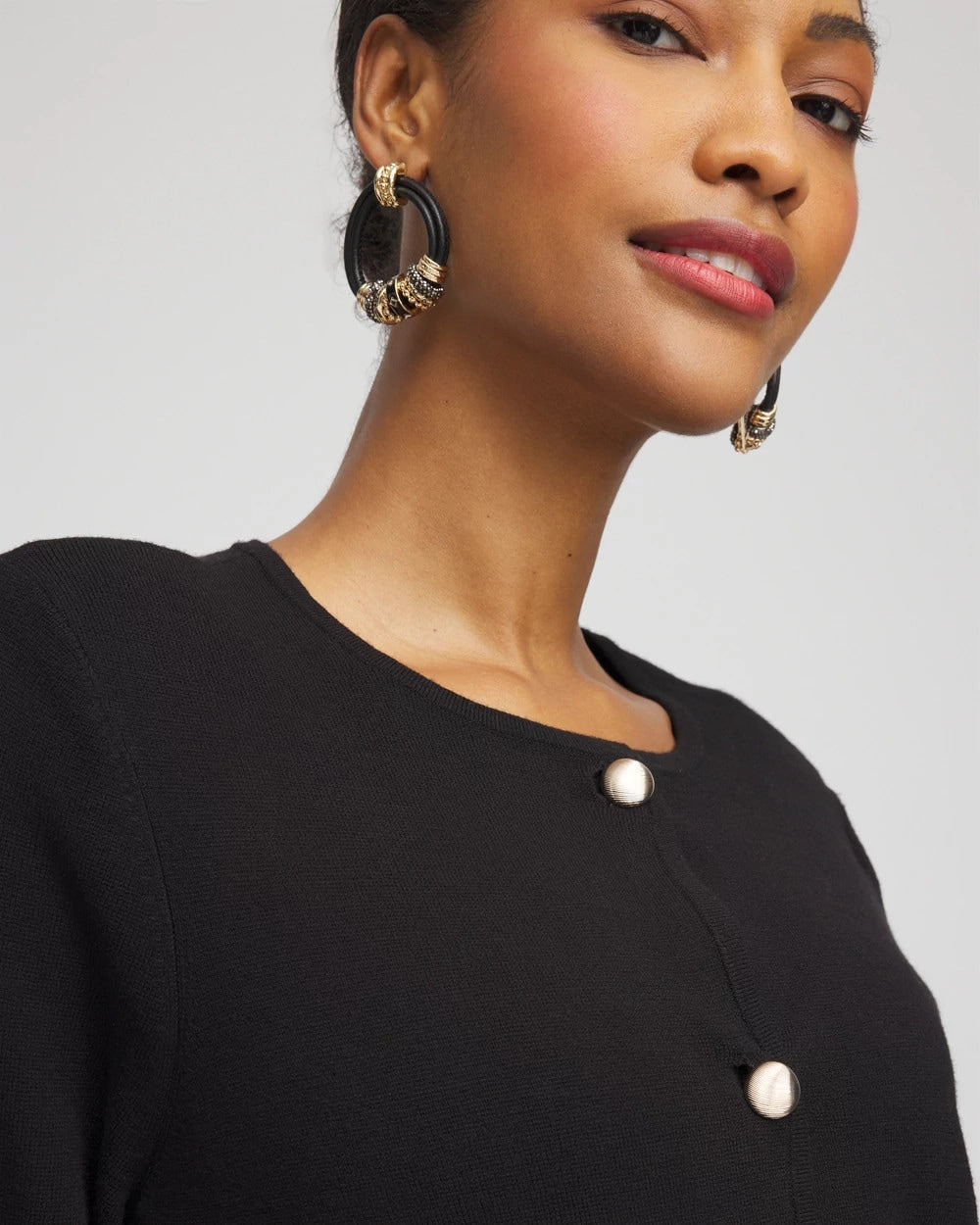Chico's Discount Black Button-Down Crewneck Coatigan
