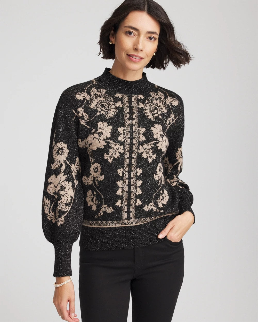 Chico's Sale Black Bryne Jacquard Mockneck Pullover
