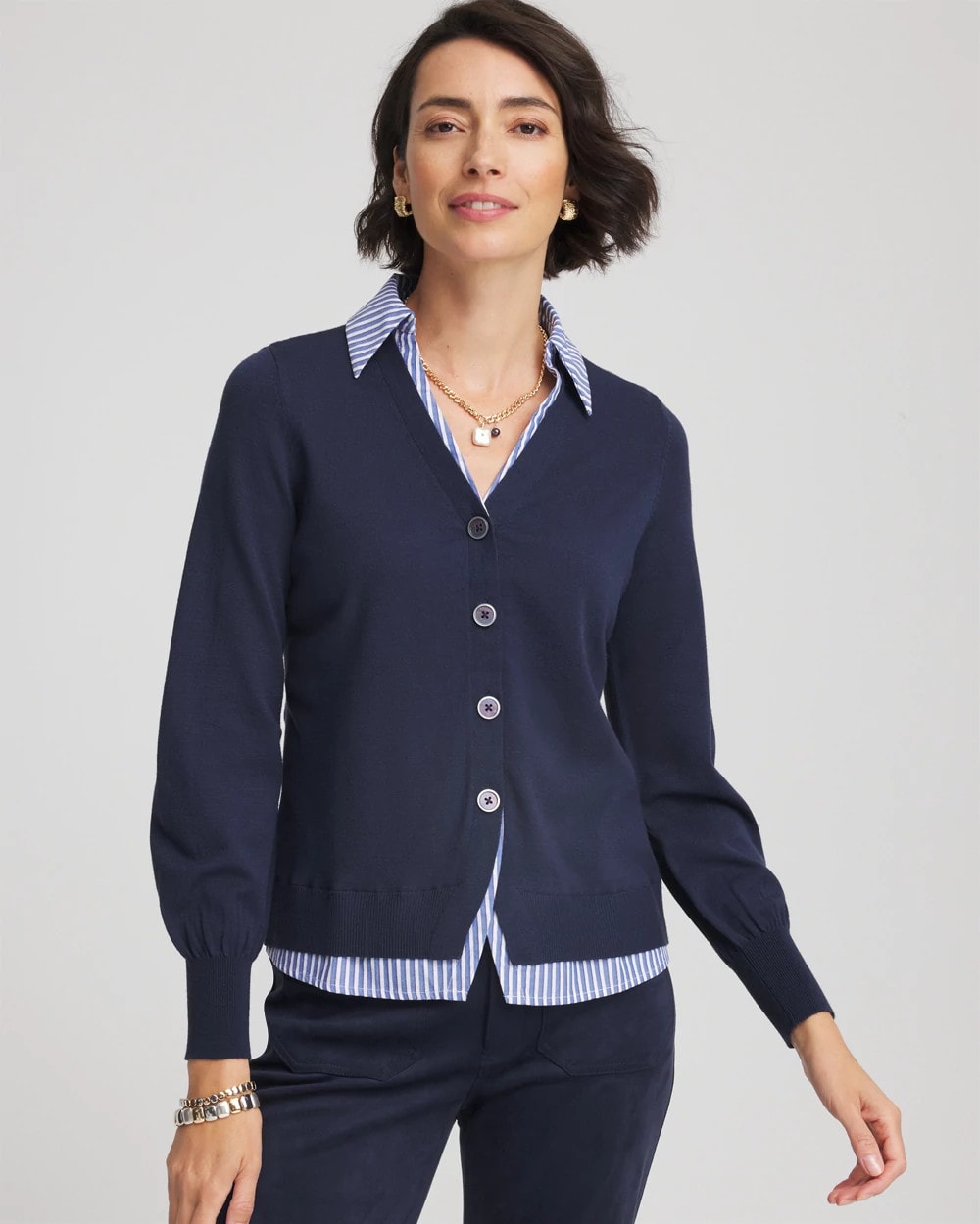 Chico's Sale Passport Blue Striped Collared Cardigan Sweater