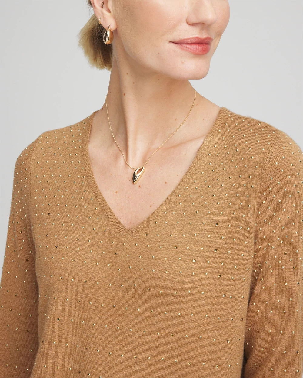 Chico's For Sale Faux Camel Heather Ella V-Neck Embellished Pullover Sweater
