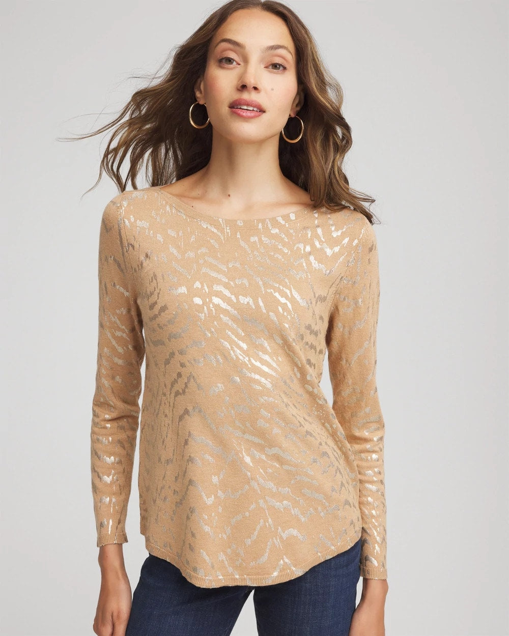 Chico's Online Faux Camel Heather Ella Boatneck Foiled Pullover Sweater
